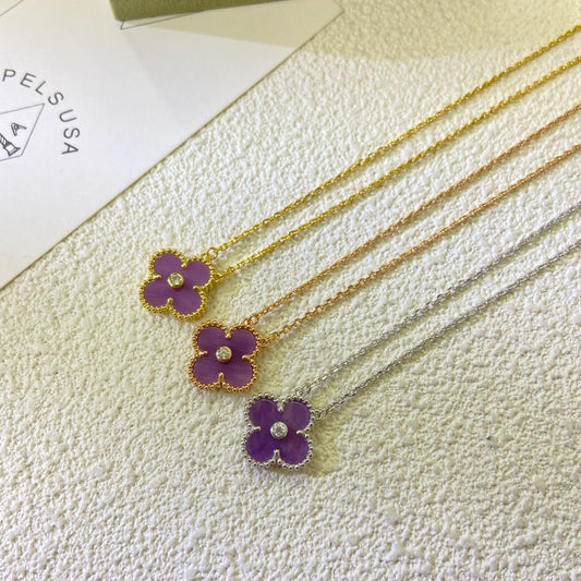 [⭐Novea Jewelry]CLOVER 15MM DIAMOND  PURPLE VIOLET NECKLACE